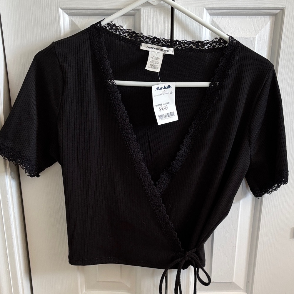 Black Lace Accent Wrap Blouse